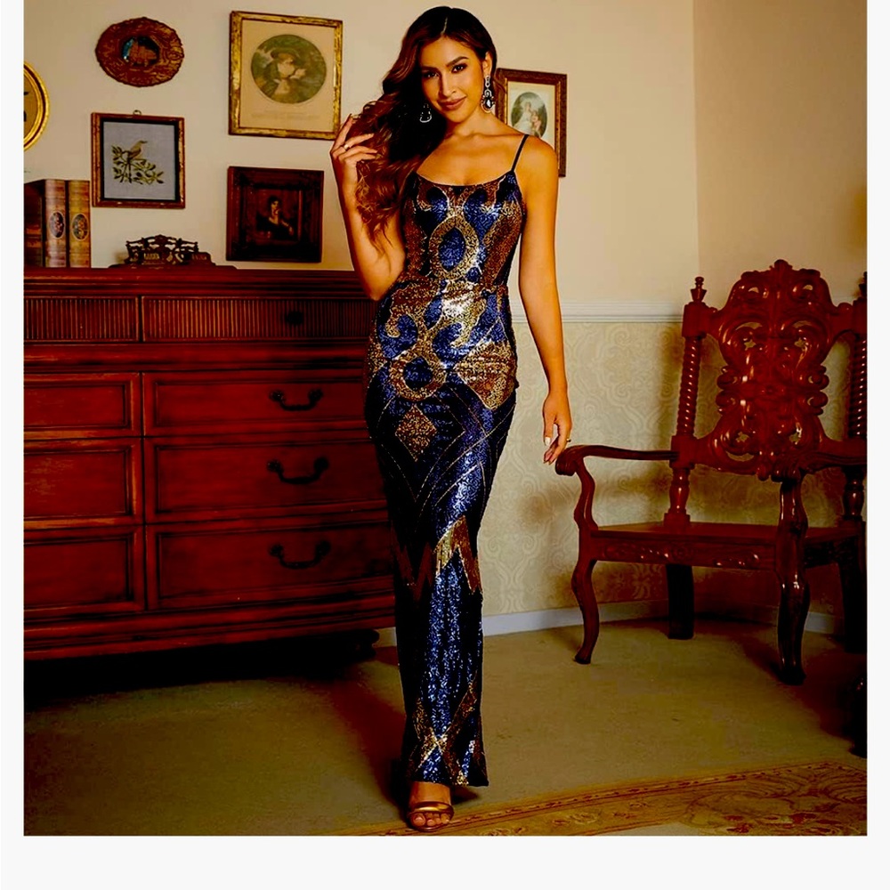Women’s Sequin Formal Spaghetti Straps Maxi Prom Dress, Bodycon Sleeveless Back